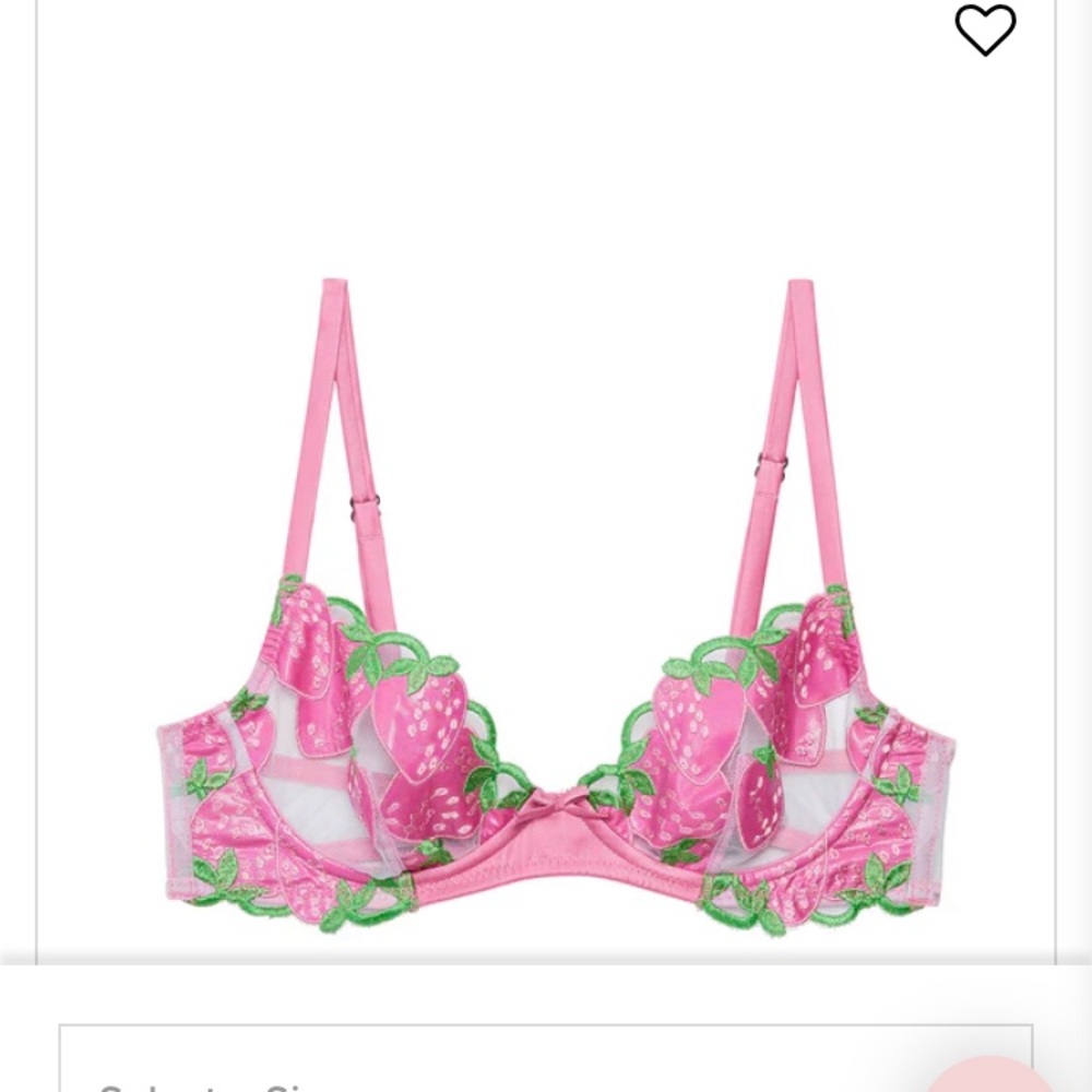 Fleur du Mal Pink Bra with Green Strawberry Embroidery